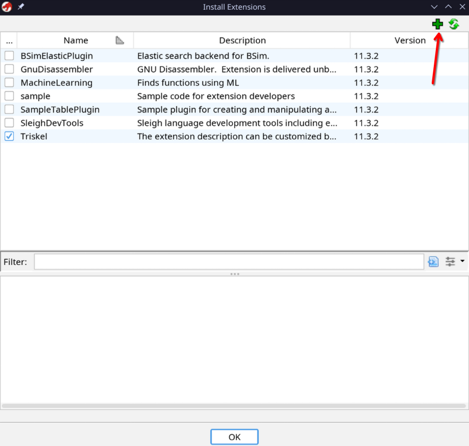 Ghidra's button to add an extension