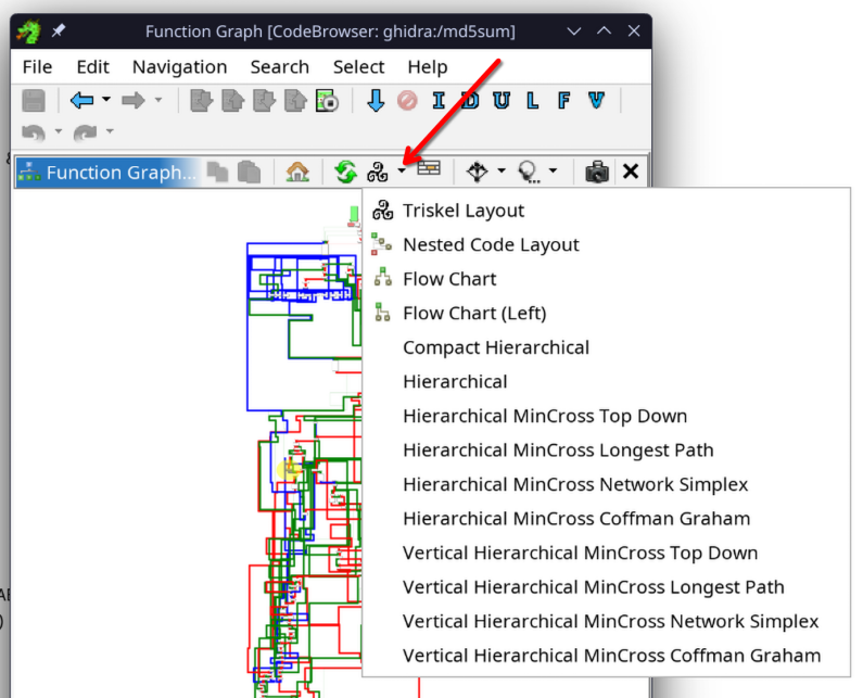 Ghidra's dropdown to select a layout engine